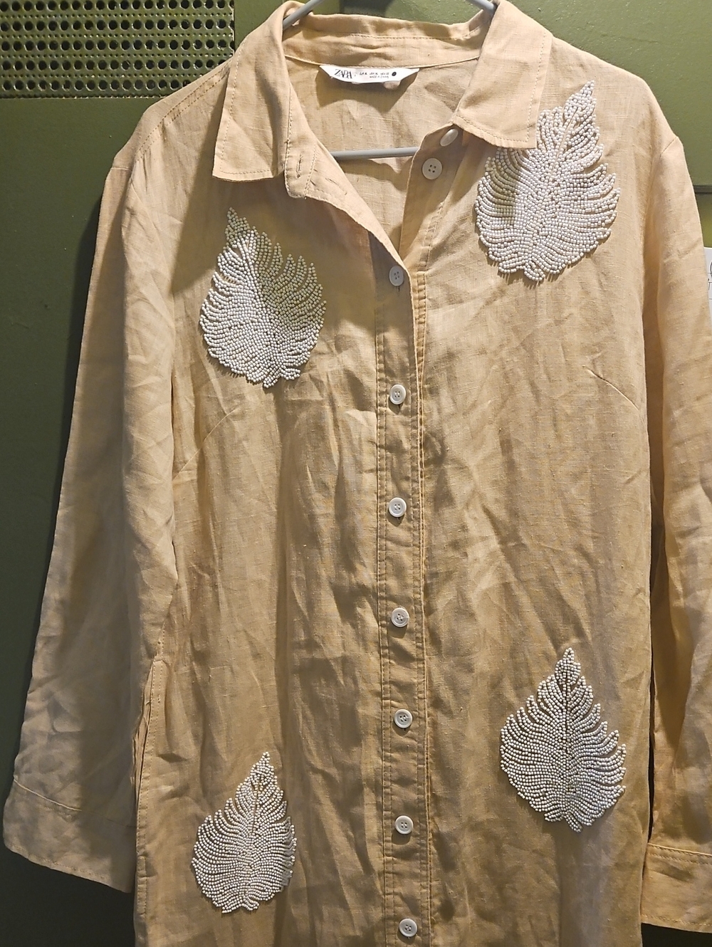 Zara Tan Shirt with White Beaded Leaf Appliqués